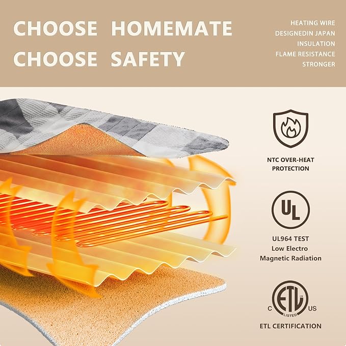 Homemate Electric Blanket Heated Throw - 50“x60“ Ultra Soft Cozy Flannel Heating Blanket with 10 Fast Heat Levels 8 Hours Auto Off Over-Heated Protection ETL Certification Keep Warm in Home Office