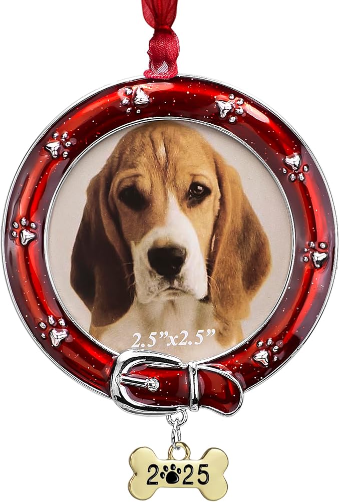Laraine Christmas Tree Ornaments – Decorative Hanging 2025 Holiday Keepsake Gift Dog Pendant with 2.5” Photo Frame Insert for Picture of Pet (Dog Red (2025))