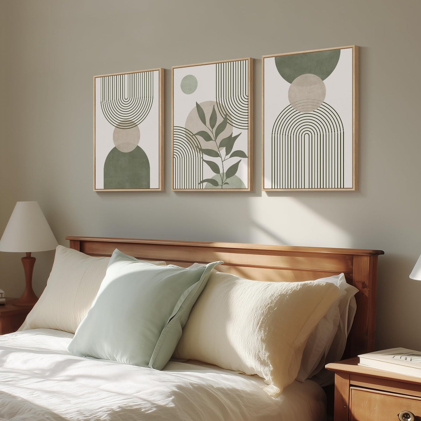 Framed Boho Sage Green Wall Art for Living Room, Large Mid Century Modern Tropical Leaf Canvas Artwork for Walls, 3 Piece Beige Orange Bohemian Wall Art Prints for Bedroom Kitchen Hallway, 16x24 Inch