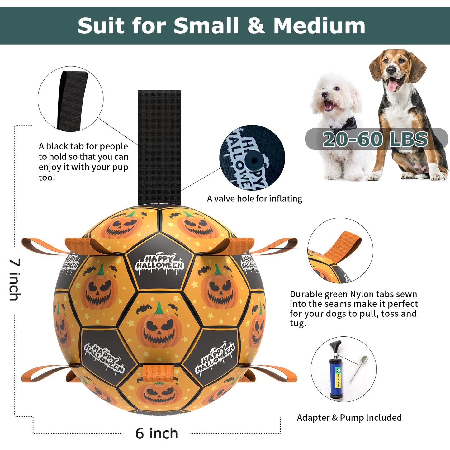 QDAN Halloween Dog Toys, Soccer Balls, Interactive Pet Toys, Puppy Dogs Birthday Gifts, Durable Dog Balls for Small Medium Dogs（6 Inch）