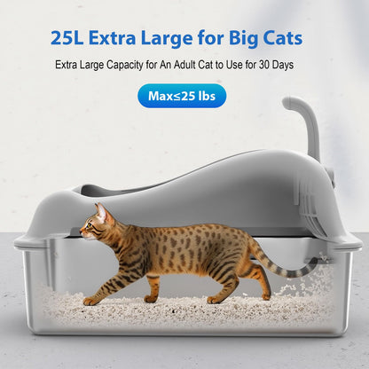 Furkid Stainless Steel Cat Litter Box with Lid, XL Extra Large Litter Box for Big Cats, High Sided Kitty Metal Pan with Pedal Filter and Scoop, Non-Sticky&Anti-Leakage Easy Cleaning Gray