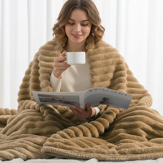 decorUhome Soft Fleece Brown Blanket Queen Size for Bed, Cozy Fluffy Plush Flannel Large Striped Throws for Couch Sofa, Lightweight Decorative Fuzzy Blanket for Woman, 90x90 Inches