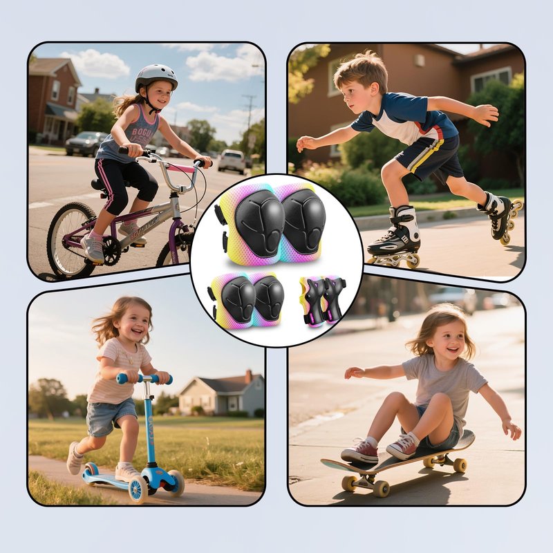Kids Protective Gear Set Knee Pads for Kids 3-14 Years Toddler Knee and Elbow Pads with Wrist Guards 3 in 1 for Skating Cycling Bike,Biking, Roller Skates, Scooters (Pink Blue Yellow, ‎S(3-8Years))