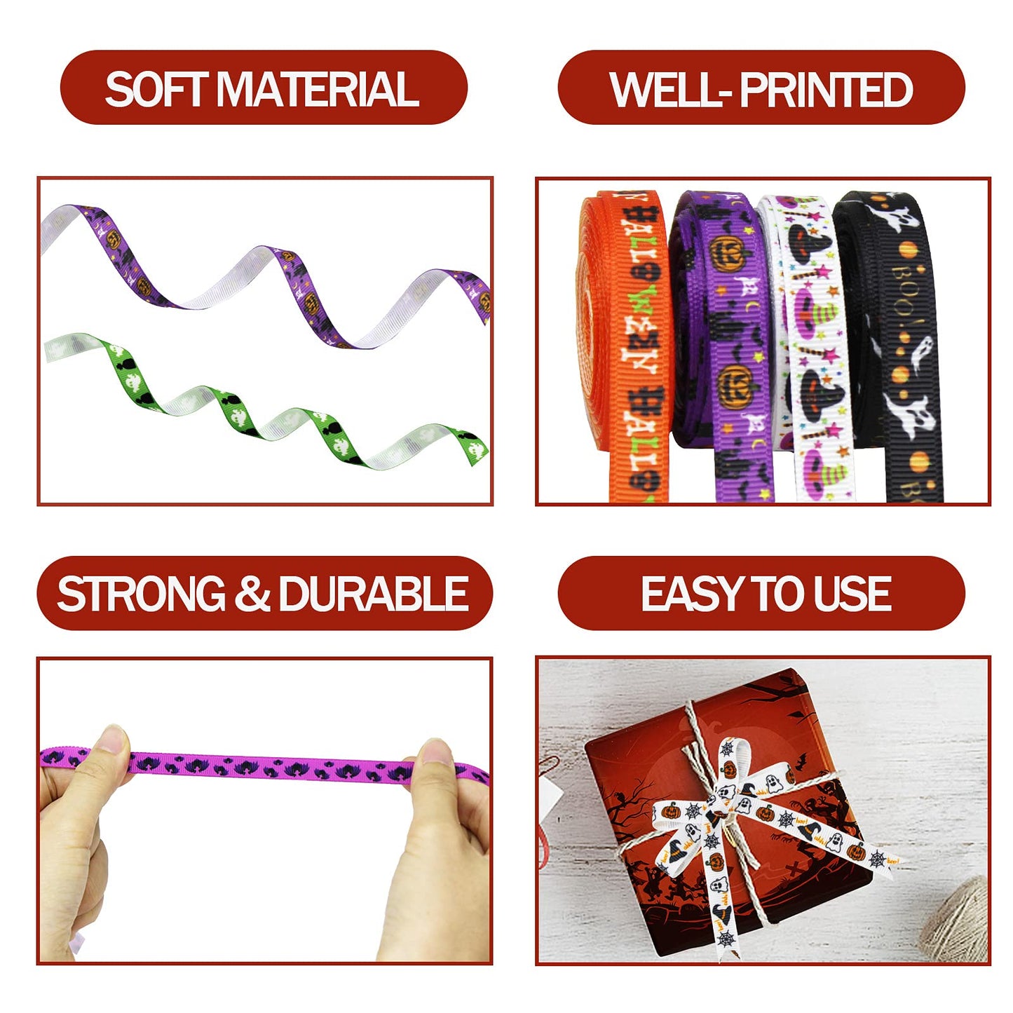 40 Yards 8 Rolls Halloween Ribbon for Crafts, Gift Wrapping and Halloween DIY Supplies Decor - 10mm