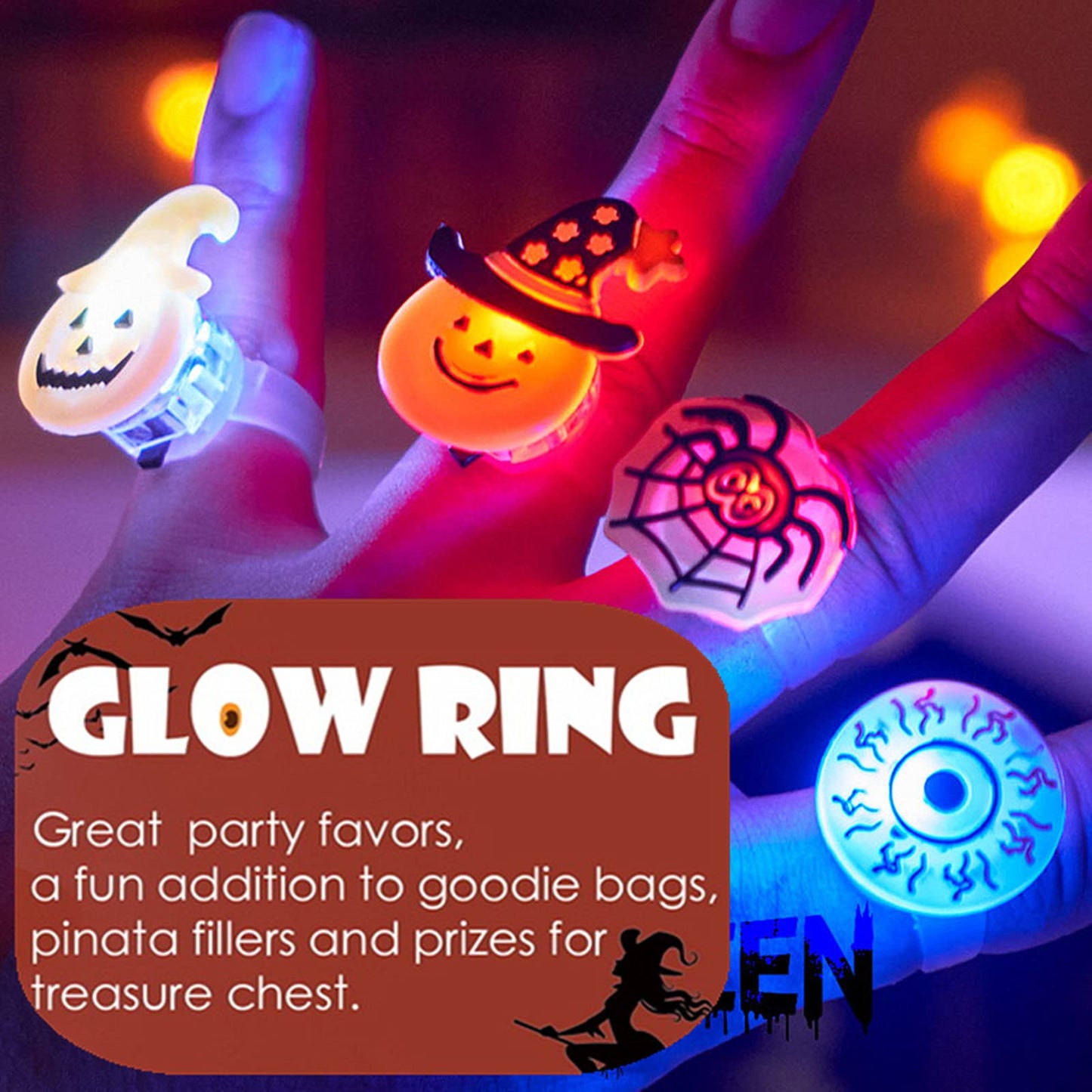Halloween Light Up Rings 50Pcs Halloween Party Favors for kid Light Up Treat Glowing LED Ring for Kids Adults