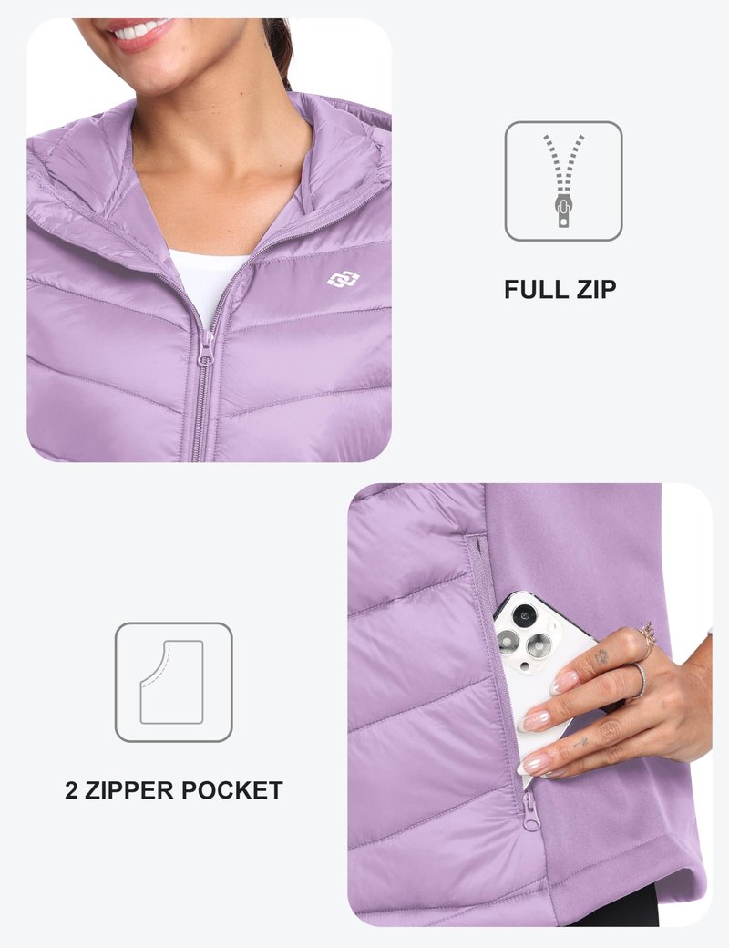 MoFiz Women's Puffer Vest Lightweight Hooded Slim Fit Running FLeece Lined Hybrid Sleeveless Warm up Winter Vest Light Purple M