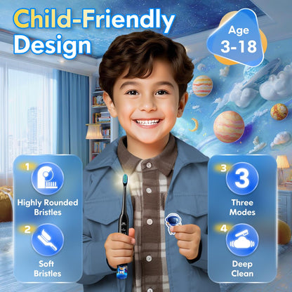Kids Electric Toothbrush 3-5-6-12 Rechargeable Childrens Electric Toothbrush with Timer 3 Modes Habit-Forming Stickers 31000VPM Power for Boys Junior Kids Sonic Toothbrush (Astronaut Black)