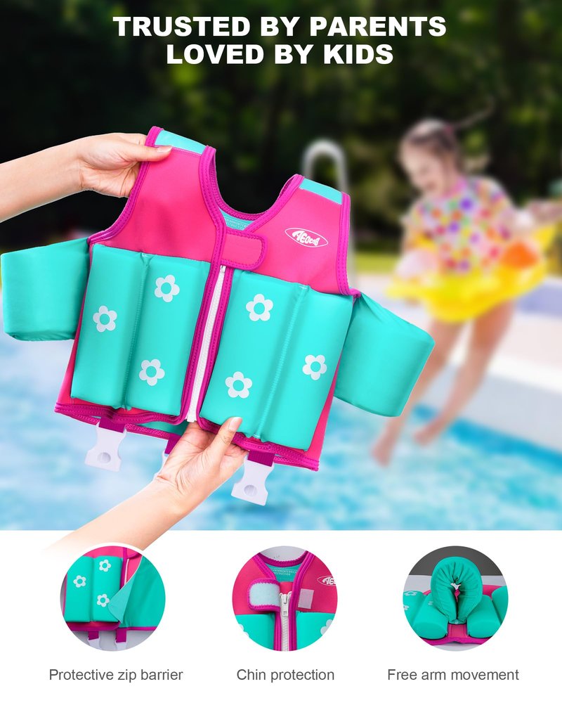 AEOCOO Kids Pool Floaties 1-2-3-5-7-9 Years Old, Toddler Swim Vest 20-30-50-70 Pounds, Comfortable Extended Wear Kids Float Jacket with Crotch Strap, Bright Design and Unpadded Sides, Pink