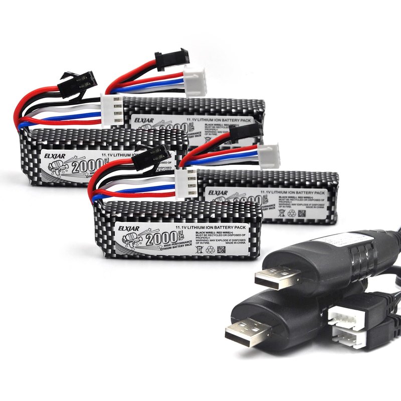 elxjarpower (4-Pack) 11.1V 2000mAh Li-Po Rechargeable Battery with SM2P Plug & USB Cable, Compatible with WPL RES V-3 ESC 1/16 RC Crawler, 501855 Soft-Gun & Water-Gun Toys