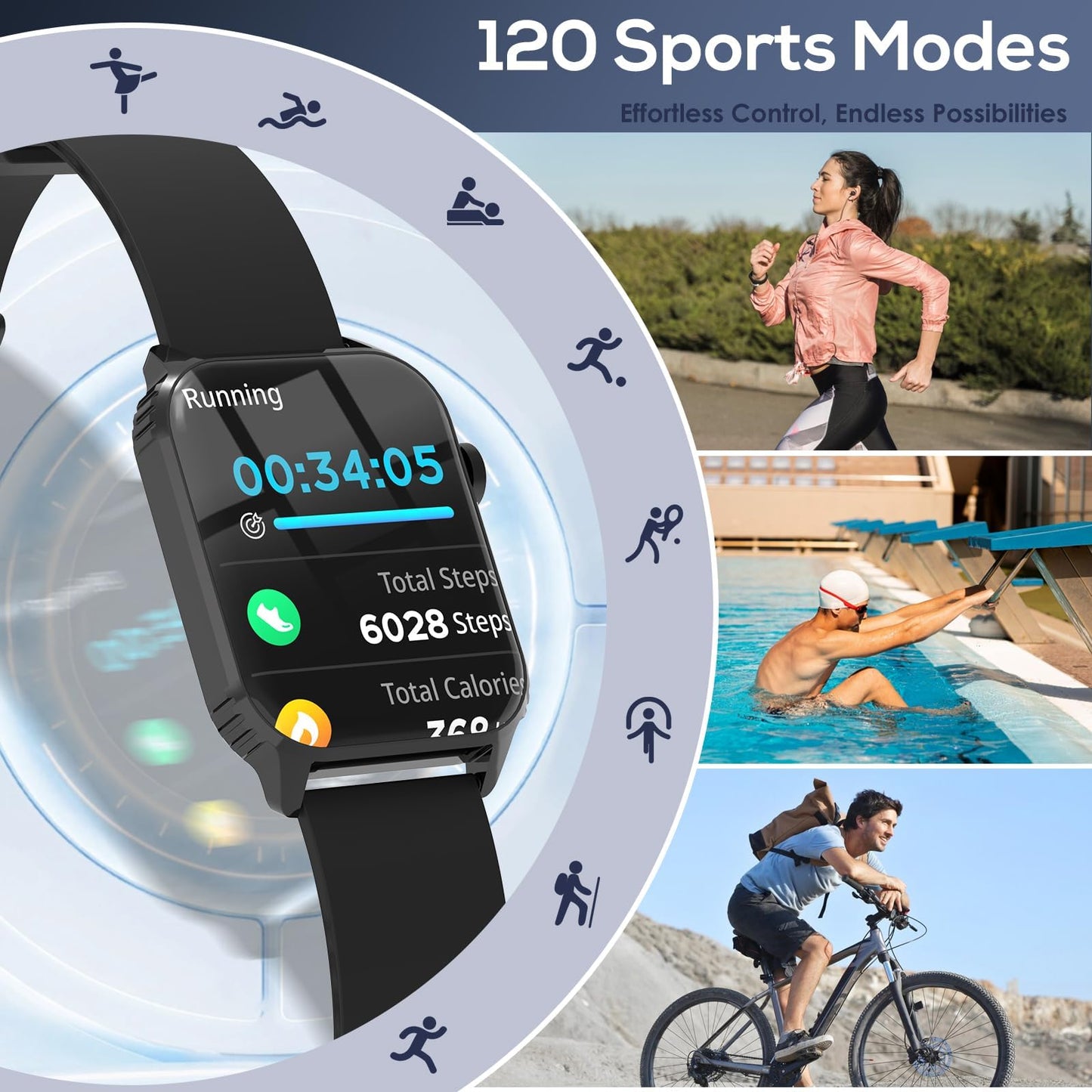 TRAUSI Smart Watches for Women Men, 1.83 inches HD Smartwatch with 120 Sports Modes, Heart Rate/Sleep Monitor, IP67 Waterproof, Bluetooth Call & Music Control for iPhone/Android (Black)