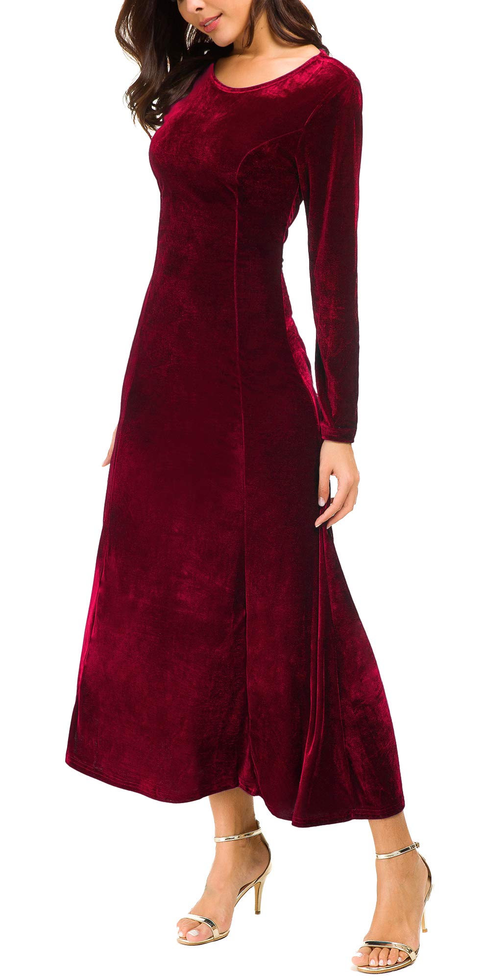 Urban CoCo Women's Elegant Long Sleeve Ruched Velvet Stretchy Long Dress (2XL, Wine red)