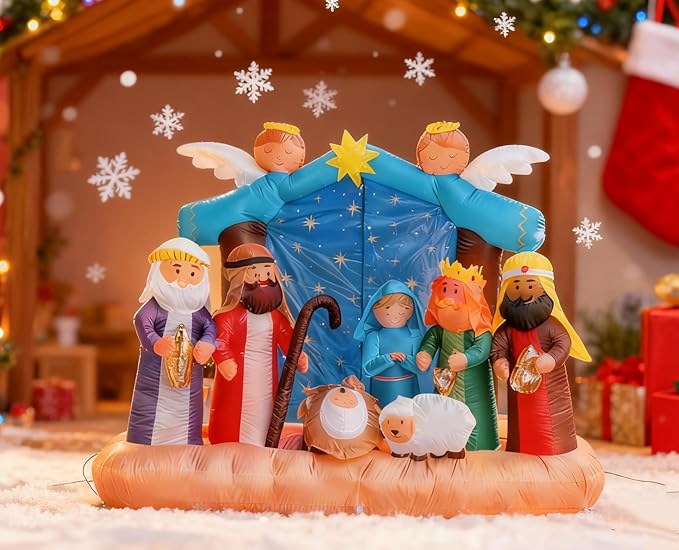 Christmas Inflatable Nativity Scene - 7ft Outdoor Indoor Decoration with LED Lights, Blow Up Yard Decor for Xmas Holiday, Nativity Set Includes Holy Family, Three Kings, Angel & Sheep