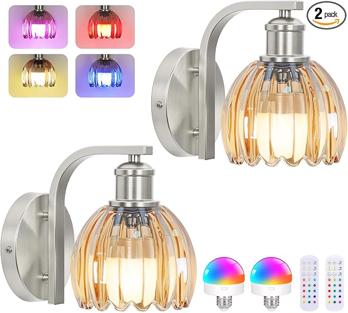 Rechargeable Battery Operated Wall Sconce Set of Two with Amber Glass Lampshade, Wireless Wall Scone Decor with Remote Control, 15 Colors Brushed Nickle Wall Light for Bedside Hallway Bedroom Doorway