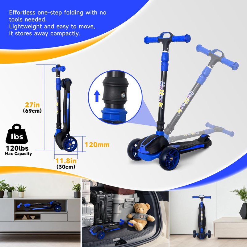 Nattork Kids Scooter for Age 3-8, Toddler Scooter with 4 Adjustable Height for Boys & Girls, Light Up 3-Wheels Foldable Kick Scooter, Lean to Steer, 120LB Weight Capacity