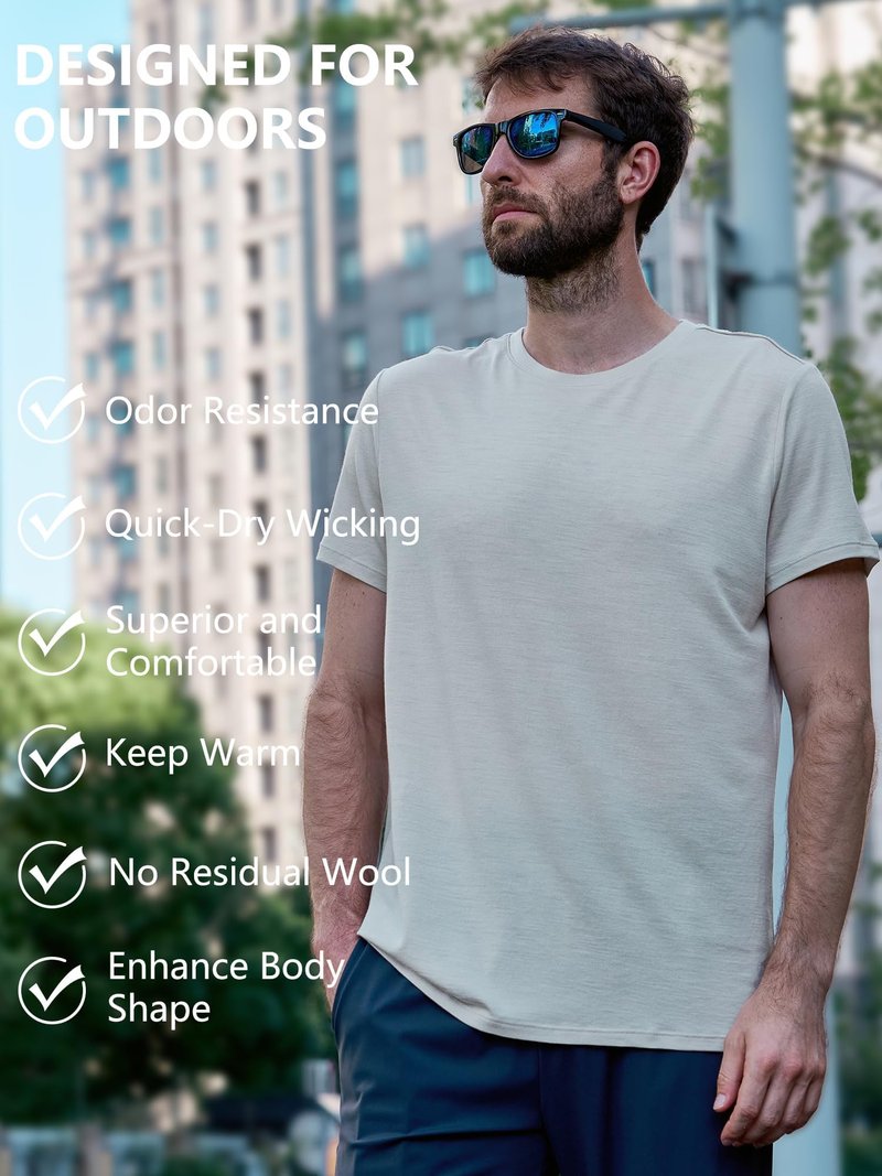 innotree Men's Merino Wool T-Shirt, 100% Organic Merino Wool Undershirt Lightweight Crew Short Base Layer for Hiking,Light Gray,Small