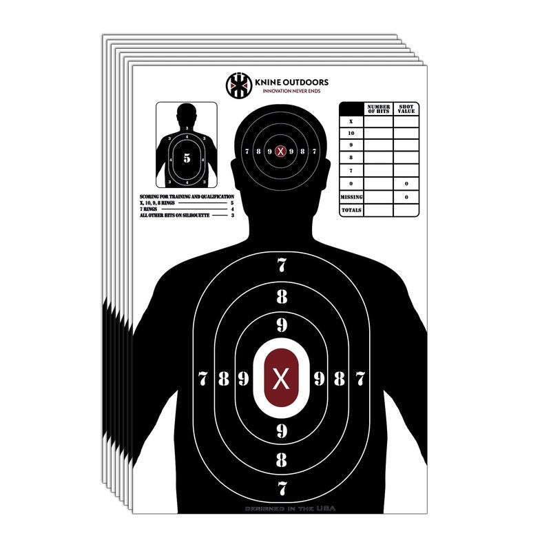 KNINE OUTDOORS Shooting Targets Paper, 23 x35 inch, Bulk for Hunting, Handguns, Pistols, Rifles, Silhouette with Red Bullseye, Black Design (25 Pack)