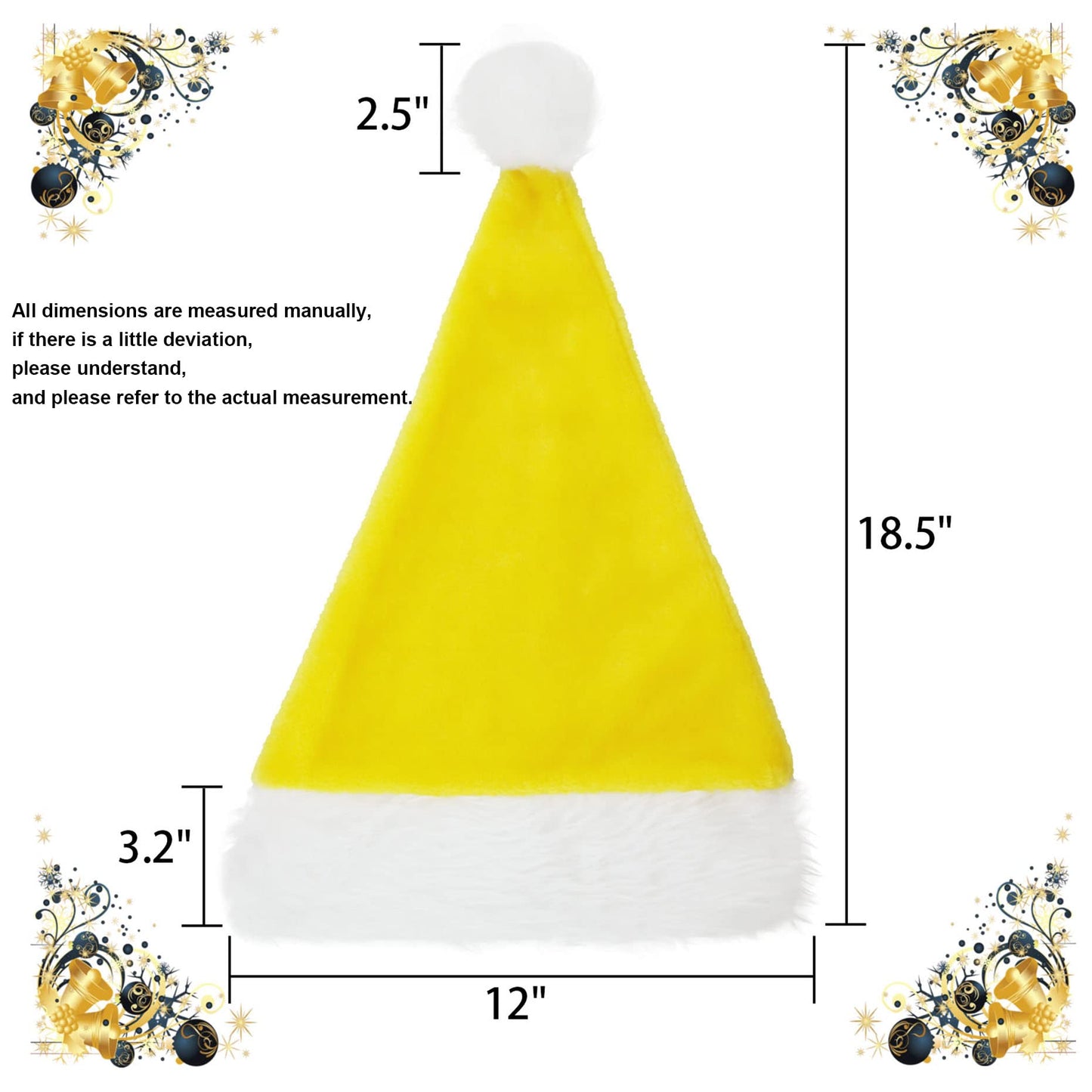 QZMCEAGS Yellow Christmas Hat, Santa Hat, Xmas Holiday Hats for Unisex Adults, Comfortable Plush Classic Santa Claus Hats, Christmas New Year Festive Holiday Party Supplies