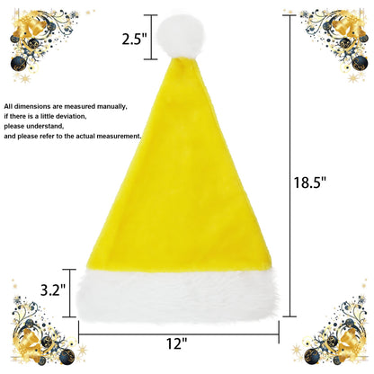 QZMCEAGS Yellow Christmas Hat, Santa Hat, Xmas Holiday Hats for Unisex Adults, Comfortable Plush Classic Santa Claus Hats, Christmas New Year Festive Holiday Party Supplies