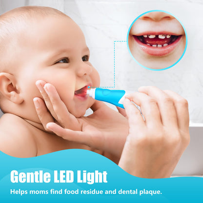 Baby Toothbrush Electric Toddler & Kids Electric Toothbrush 0-2-3 Years Old with Infant Finger Tooth Brush, Cute Cover, LED Light, 2 Minutes Timer, 4 Brush Heads, Suction Cup (Blue Astronaut)
