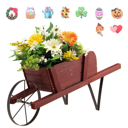 TANGZON Wheelbarrow Planter, Wooden Garden Wagon Planter Cart with 9 Magnetic Accessories, Wheel, 2 Handle, Outdoor Rustic Pine Wood Decorative Raised Plant Pot Stand for Patio Balcony (Reddish Brown)