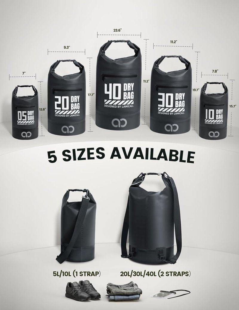 Lamicall Waterproof Dry Bag - Durable Floating 5L/10L/20L/30L/40L with Phone Pouch | Ideal for Kayaking, Paddle Boarding, Hiking, Fishing