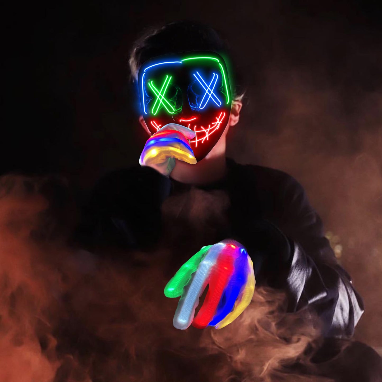 New Halloween LED Mask & Gloves in Multiple Light Modes, The Purge Mask Purge Costume, Light up Neon Gloves, Halloween Costumes for Women Kids Girls - Multicolor