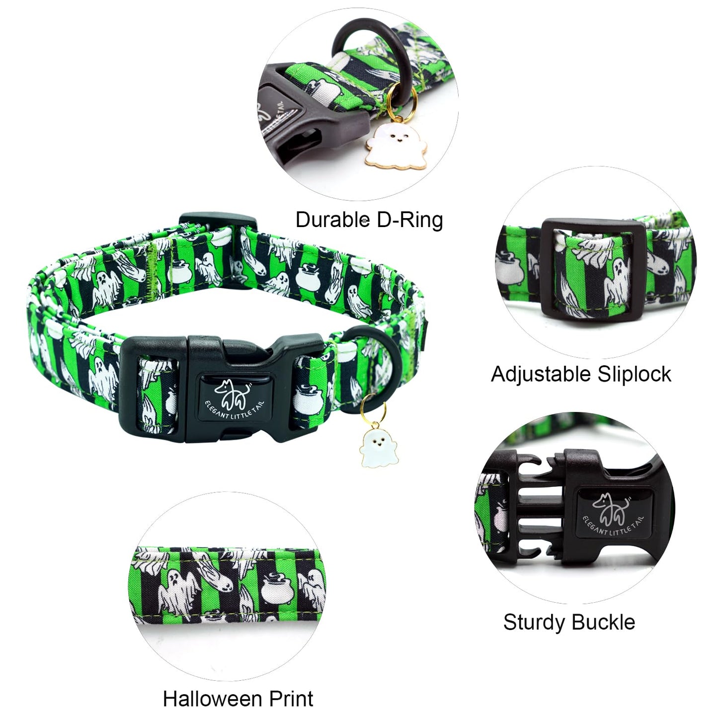 Elegant little tail Halloween Dog Collar, Ghosts Print Fall Male Cute Puppy Adjustable Cotton Pet Collar with Quick Release Buckle for Small Medium Large Dogs