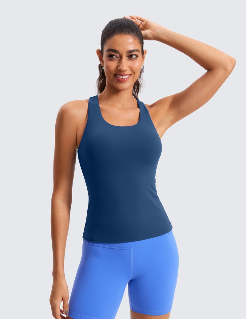 CRZ YOGA Butterluxe Workout Racerback Tank Tops for Women - Padded Athletic Spandex Yoga Shirts with Built in Bra French Navy X-Small