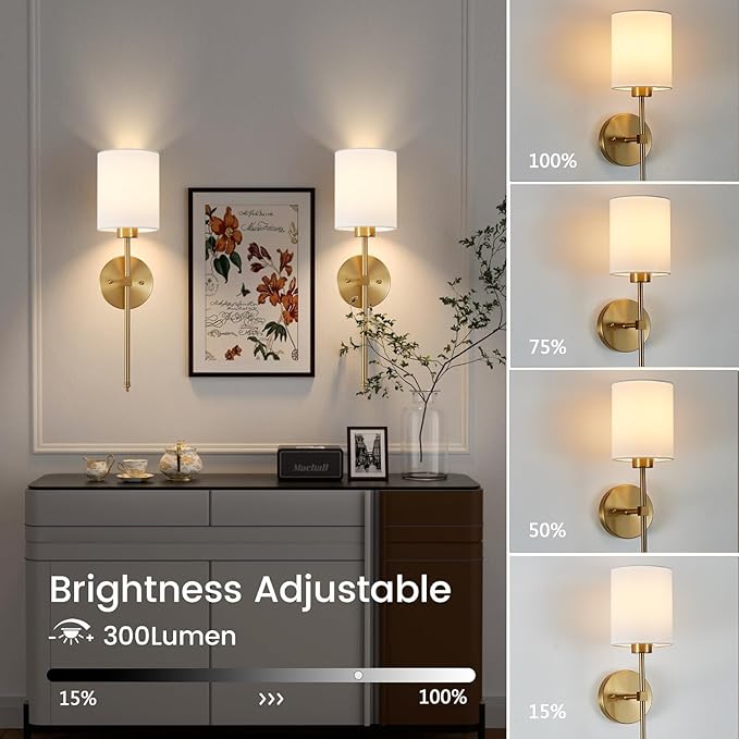 Battery Operated Wall Sconce Set of 2, Brushed Gold Cordless Rechargeable Wall Sconces with Dimmable LED Bulb and Remote, 13 Colors Wall Lights for Bedroom Living Room Hallway