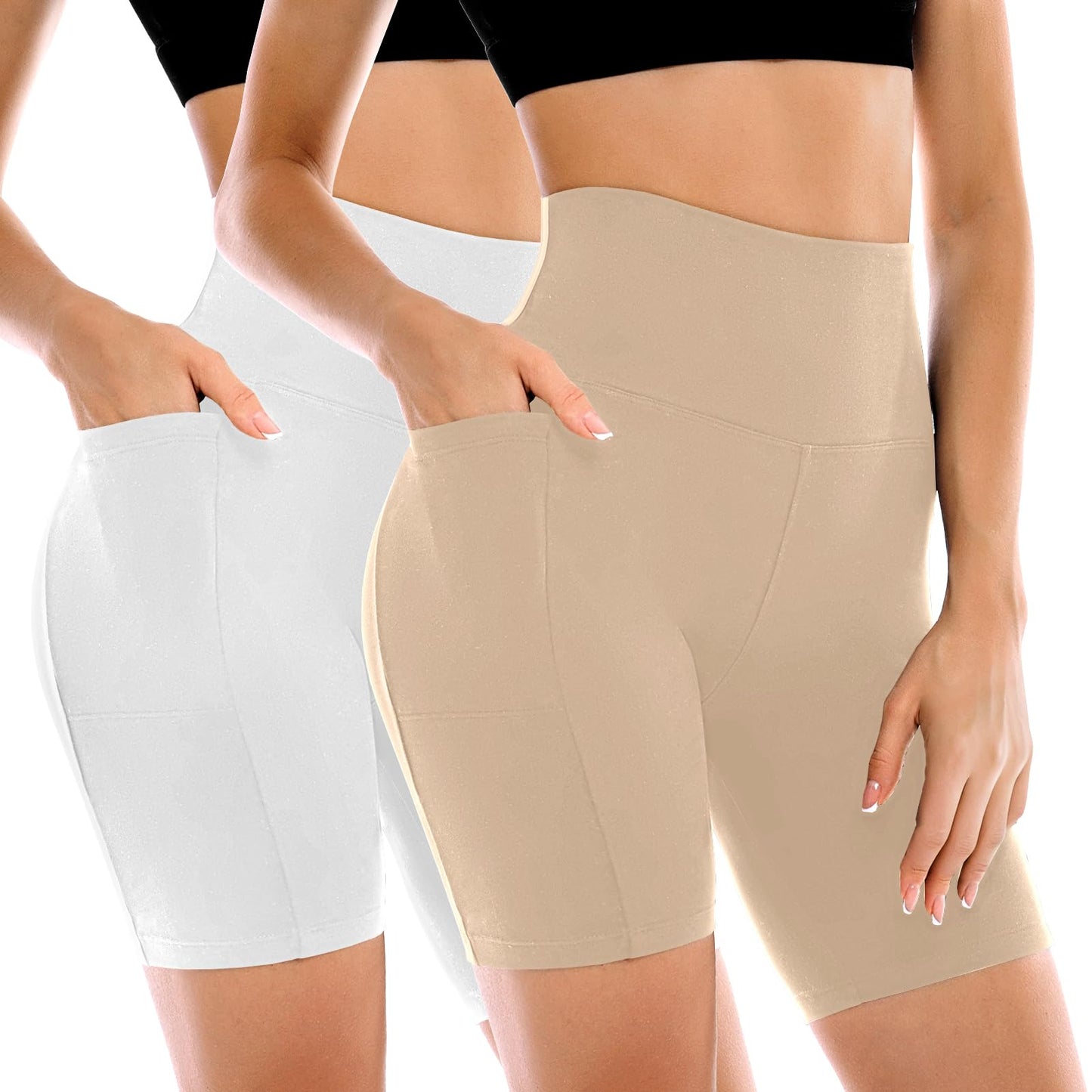Leafigure 2 Pack Womens Biker Shorts with Pockets, High Waisted Tummy Control Yoga Shorts for Women Running Gym and Workout White/Beige L-XL