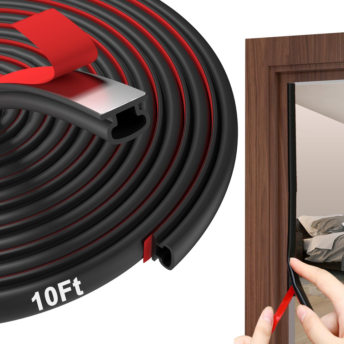 alophoty Weather Stripping Door Seal - 10 Ft Self-Adhesive TPE Rubber Door Seal Strip for Door Frame/Window Seal, Soundproofing & Insulation Strip to Block Drafts, Wind, Noise, Dust (Black)