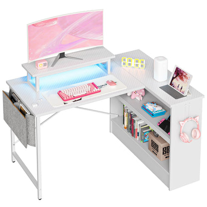 Bestier L Shaped Gaming Desk with LED Lights, 42 Inch Computer Desk with Monitor Stand & Open Storage Cabinet,Writing Study Corner Desk for Home Office Bedroom, White