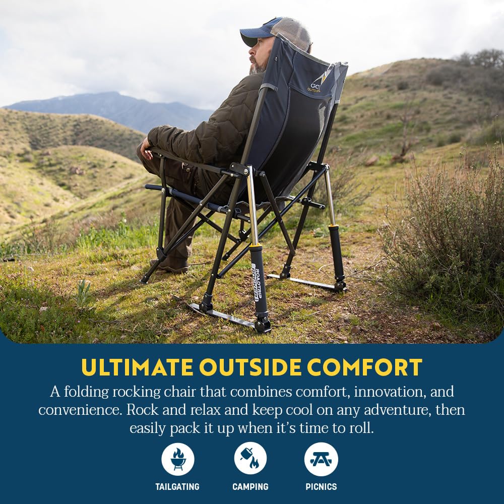 GCI OUTDOOR Roadtrip Rocker Camping Chair | Portable, Folding Rocking Chair with Solid, Durable Armrests, Drink Holder & Comfortable Extended Backrest — Hunter Green