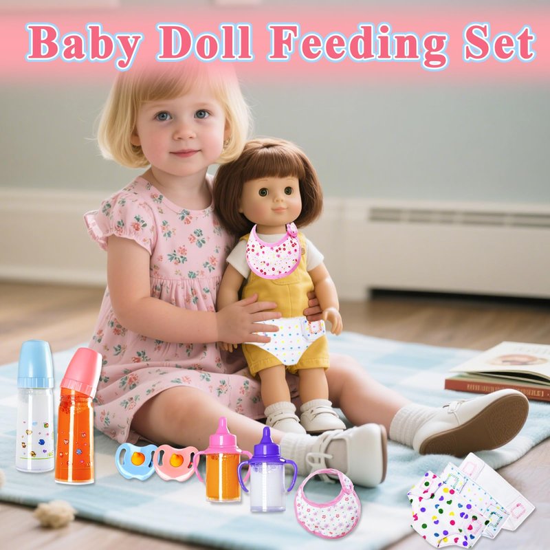 Kuihaazi 12PCS Baby Doll Accessories Set,Doll Pretend Play Feeding Toys,Baby Doll Feeding Include Disappearing Milk and Juice Bottles,Pacifier,Bibs,Diapers