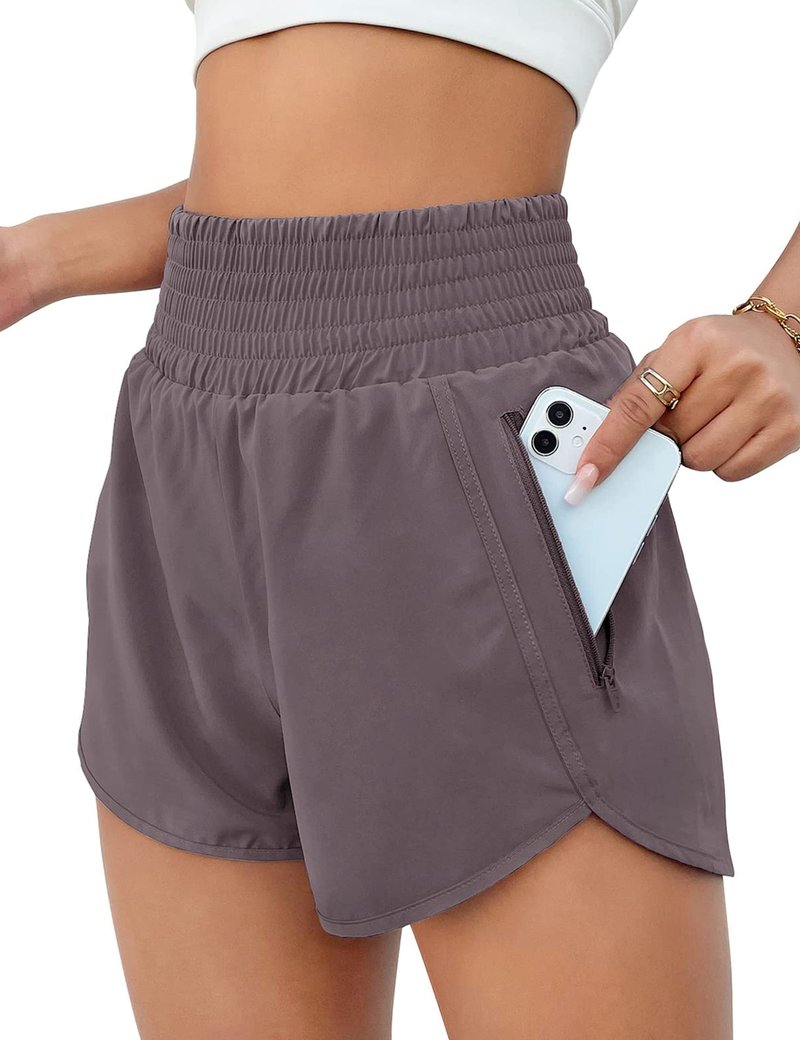 BMJL Women's Athletic Shorts High Waisted Running Short Pocket 2.5" Sporty Shorts Gym Elastic Workout Shorts(XS,Coffee)