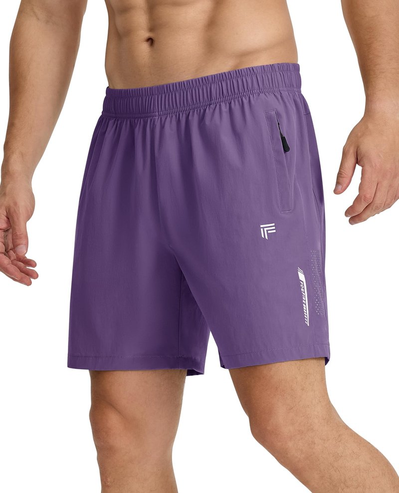 FOGFIRE Men's Athletic Running Shorts with Zipper Pockets Quick Dry Drawstring 7" Gym Shorts for Basketball Workout Jogging-Purple