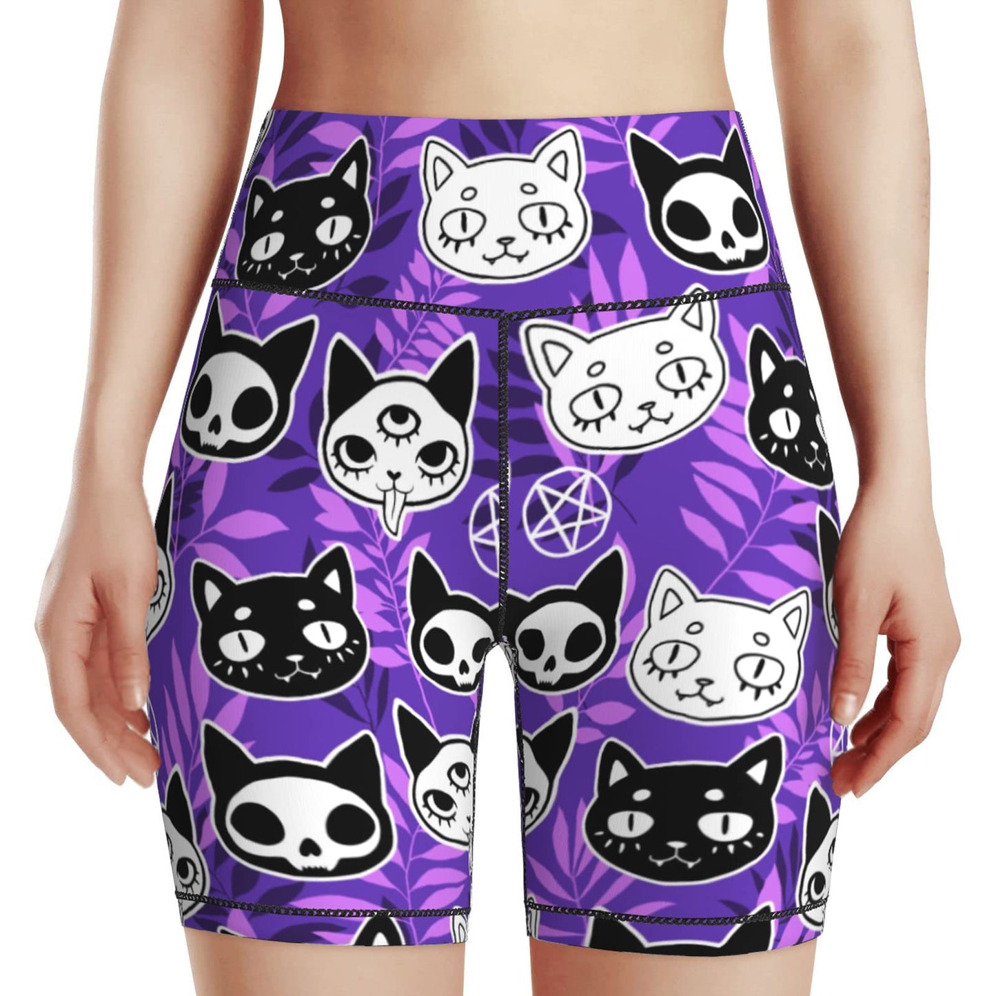 Purple Ghost Cat Witchy Women's High Waist Bike Shorts for Workout Sports Athletic Running Hiking Biker Yoga Gym Medium Size
