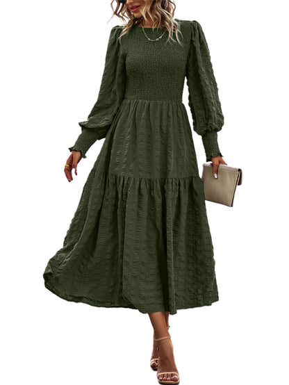 PRETTYGARDEN Women 2025 Spring Puff Long Sleeve Crewneck Smocked Maxi Dress Empire Waist Tiered A-line Swing Flowy Long Dress(Army Green,Small)