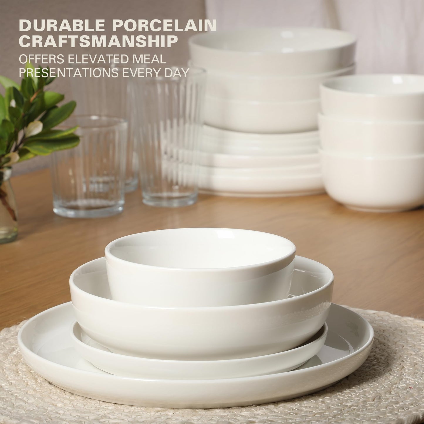 Gibson Home Summer Shades 16 Piece Plates and Bowls Dishes Service for 4 Porcelain Dinnerware Set - White