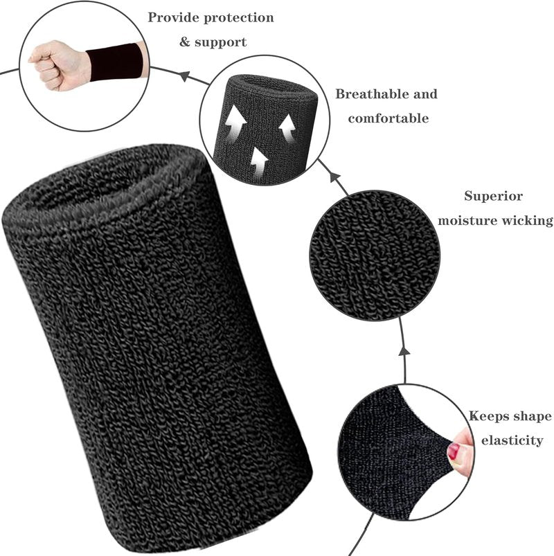 Absorbent Wrist Sweatbands - Breathable Cotton Athletic Bands for Sports | 6 Inch, 4 Pack