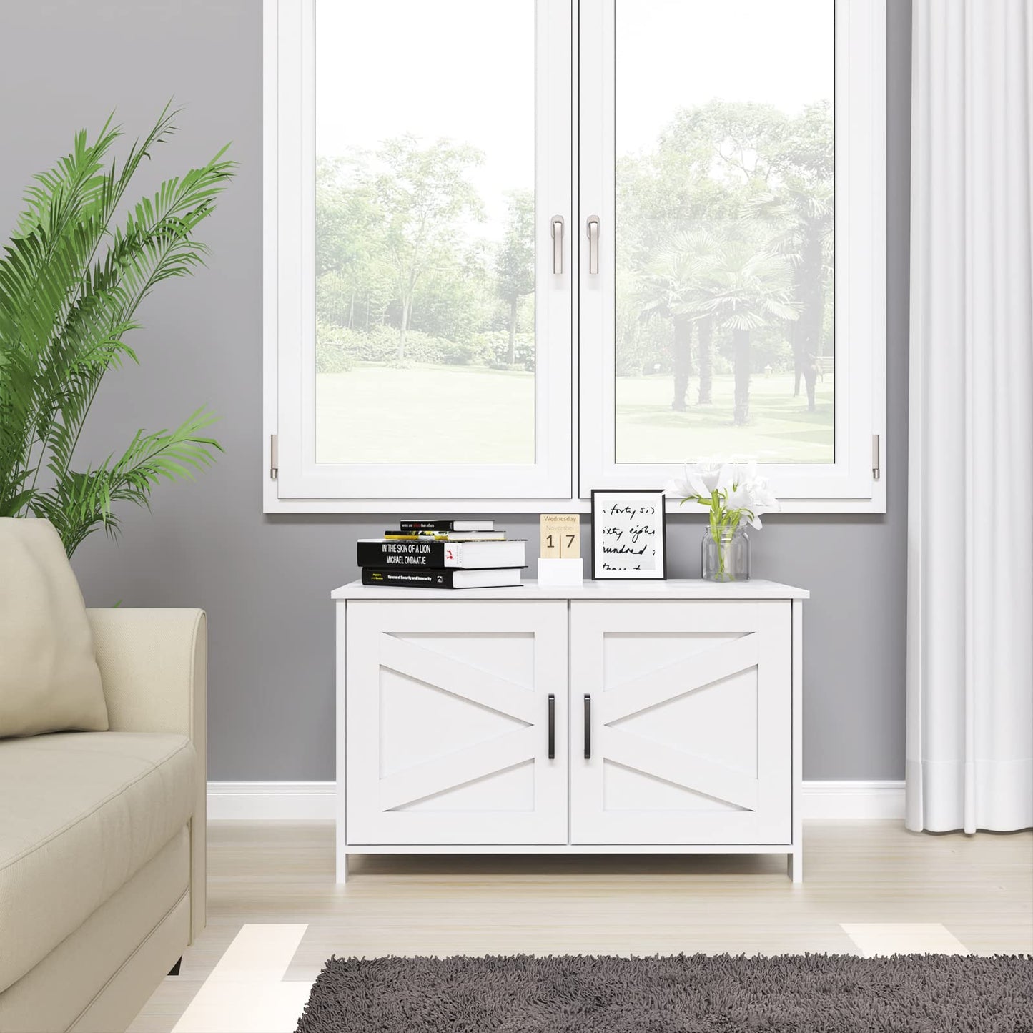 Homhedy Cat Litter Box Enclosure, Wooden Cat Washroom Furniture with Barn Door, Pet House, Fit Most of Litter Box, White