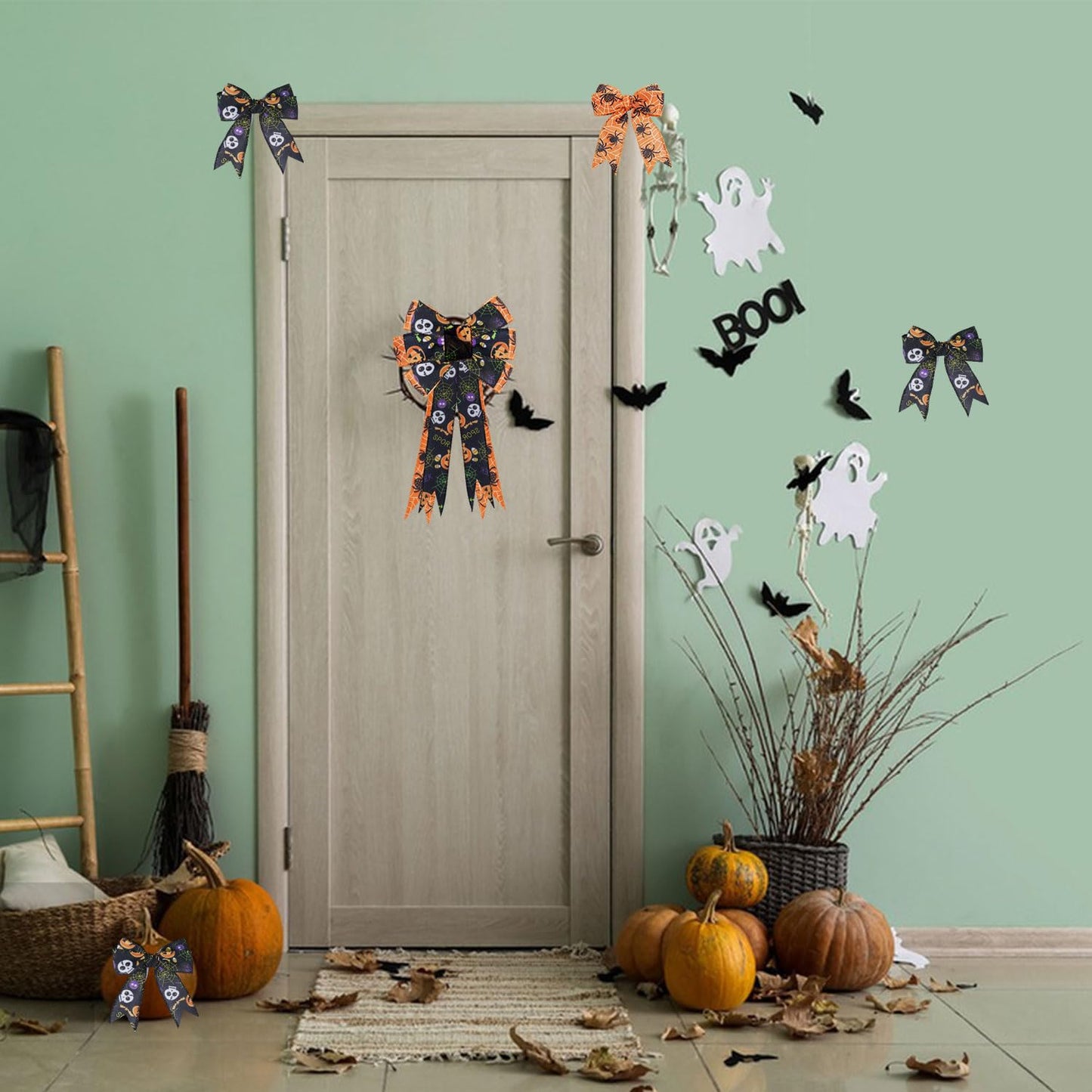 2 Rolls 12 Yards Wired Edge Ribbon - Skull Pumpkin Halloween Decorative Spider Web Printed Wrapping Ribbon for Party Wreath DIY Craft Floral Bow