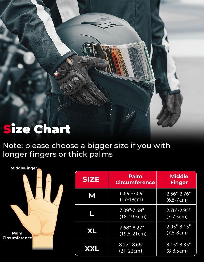 KEMIMOTO Motorcycle Gloves for Men/Women, Touchscreen Dirt Bike Gloves with Shell, Anti-Slip for Motorbike, Riding, Racing, Cycling, Dirt Bike, ATV, UTV, Motocross, BMX, Hiking (Black-L)