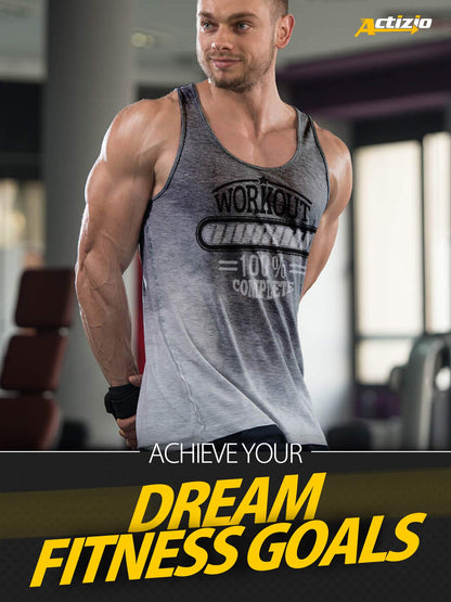 Actizio Men's Workout Shirt Cotton Fabric Tank Top Sleeveless Sweat Activated Motivational Exercise Gym Athletic Fit Moisture Wicking Fitness Shirt - Workout Complete (Size L)