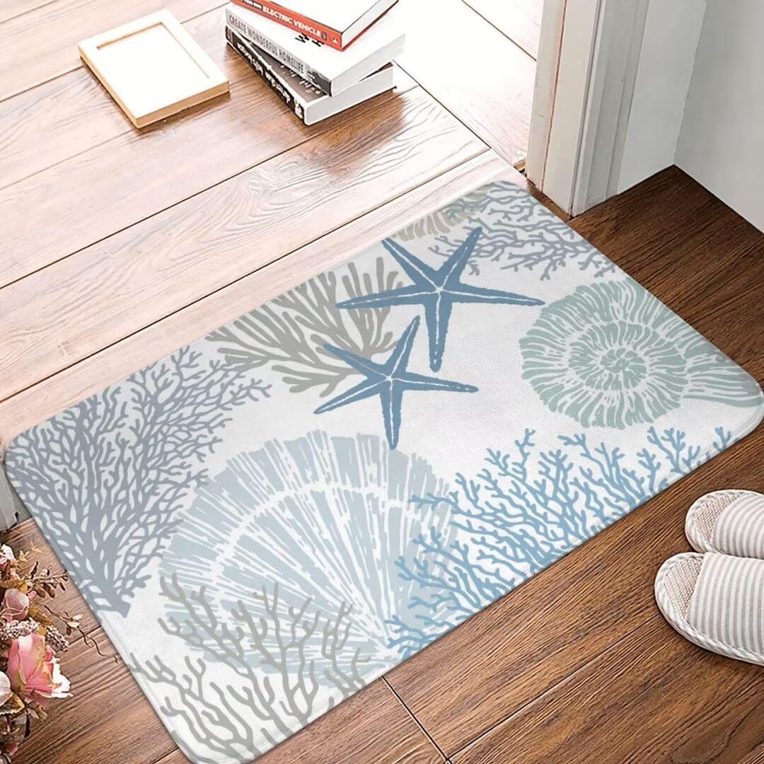Coastal Beach Bath Mats for Bathroom,Nautical Ocean Seashells Starfish Absorbent Bath Rug Non-Slip Floor Rug Carpets Door Mat Washable Area Rugs for Bathroom Laundry Bedroom Living Room Kitchen,Blue