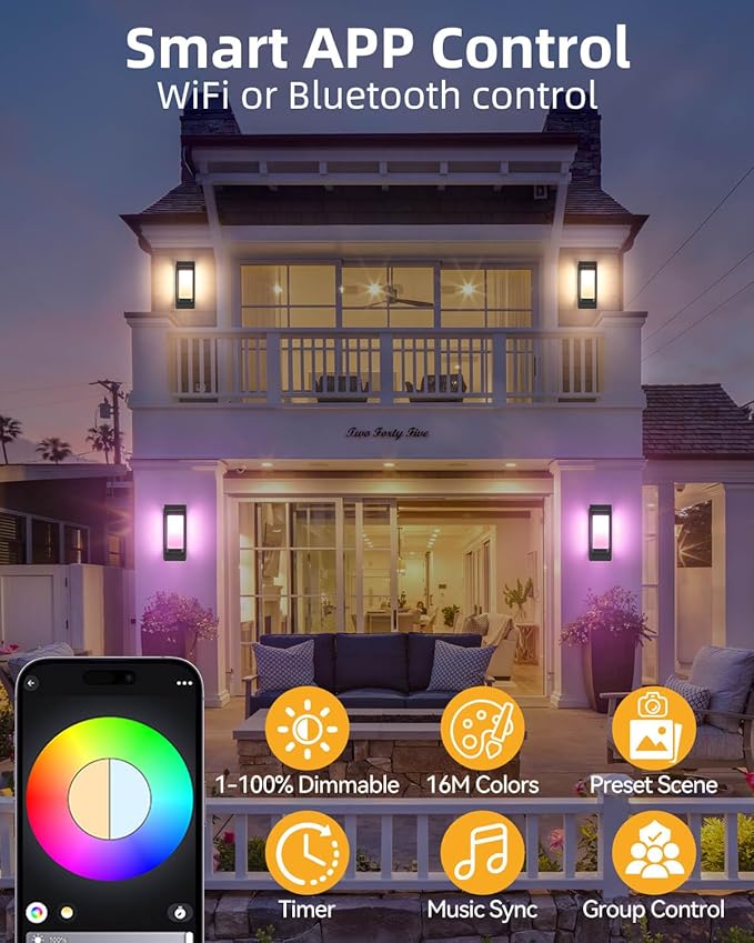 Smart Outdoor Wall Light, RGB Color Changing Sconce with App & Voice Control, Dusk to Dawn Outdoor Lighting, Adjustable 2700K–6500K, Waterproof Exterior Light Fixture for House Porch Garage, 2 Pack
