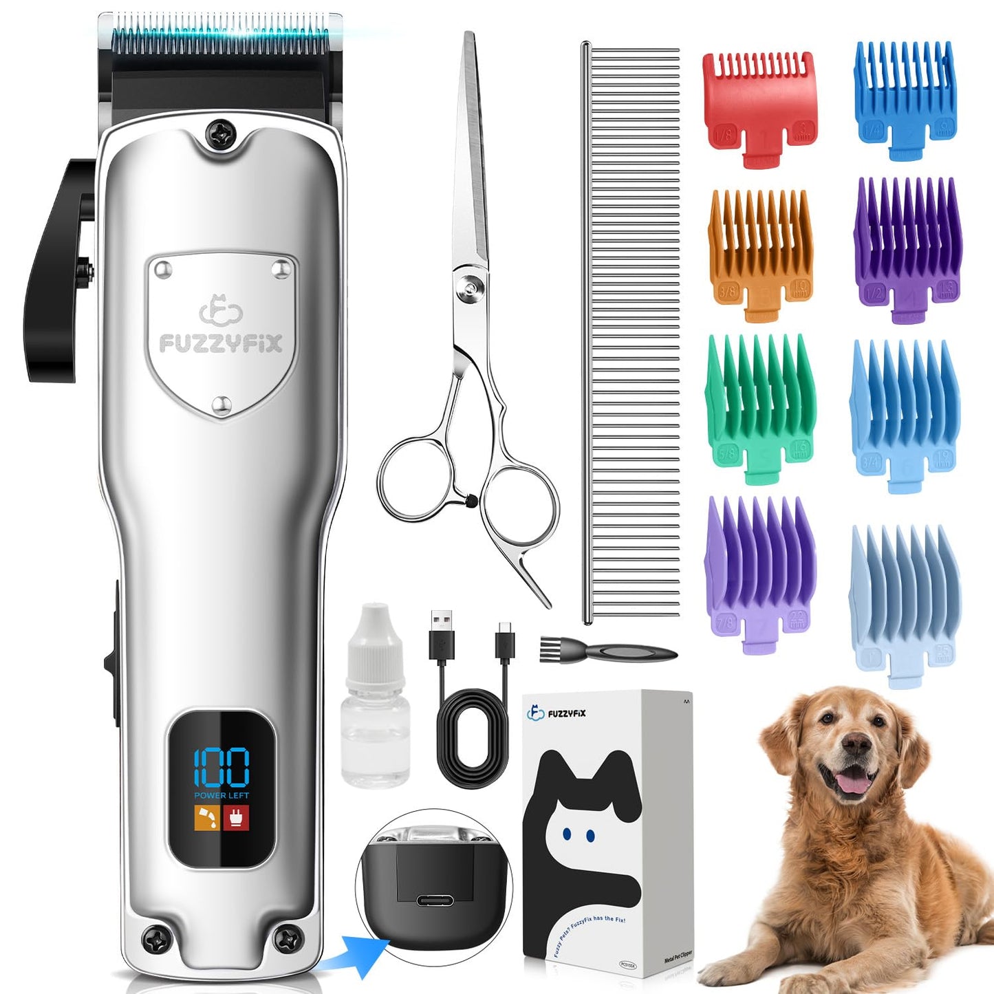 FuzzyFix Dog Clippers for Grooming for Thick Heavy Coats, Professional Low Noise Dog Grooming Clippers Supplies Kit Rechargeable Stainless Steel Hair Trimmer with Ceramic Blade for Dogs Cats Pet