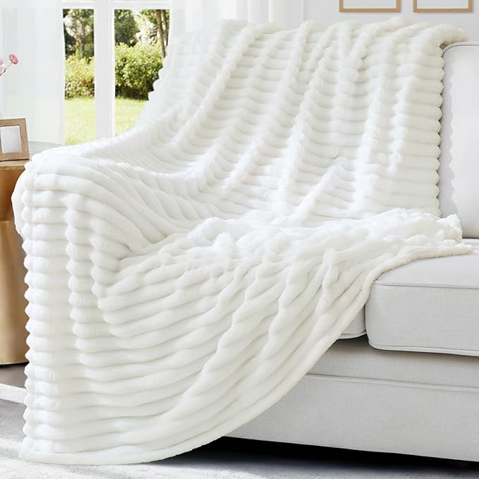 decorUhome Soft Fleece White Blanket Queen Size for Bed, Cozy Fluffy Plush Flannel Large Striped Throws for Couch Sofa, Lightweight Decorative Fuzzy Blanket for Woman, 90x90 Inches