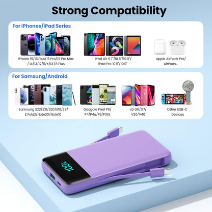 Wireless Portable Charger 40800mAh with 3 Built-in Cables,7-in-1 15W Wireless Charging Power Bank,25W PD QC 4.0 Fast Charging USB C LCD Display Battery Pack for iPhone 17/16/15/13,Samsung,Android etc