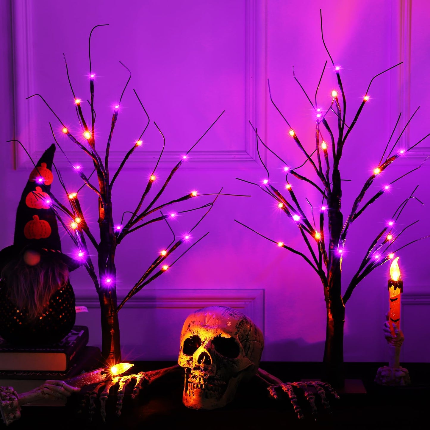 Efunly 2 Pack 24 Inch Halloween Black Spooky Tree with Orange & Purple Lights, USB&Battery Operated Tabletop Halloween Black Tree with Timer for Indoor Home Holiday Party Decorations